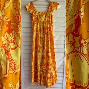 Vintage Ruth Clarage Orange Yellow Cotton Hand Printed African Women Maxi Dress